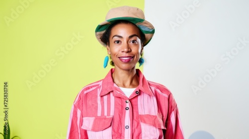 Posing against a studio background, a woman in modern summer fashion smiles at the camera.