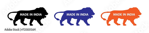 Made in India icon set with lion silhouette. Made in India symbol icon set for Indian products and industrial usage. Made in India lion icon symbol in black, blue and orange color. photo