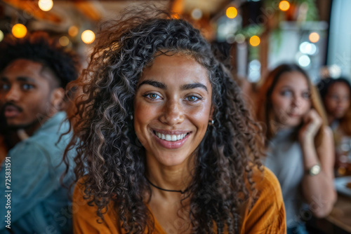 Curly Haired Woman Smiling. Generative AI