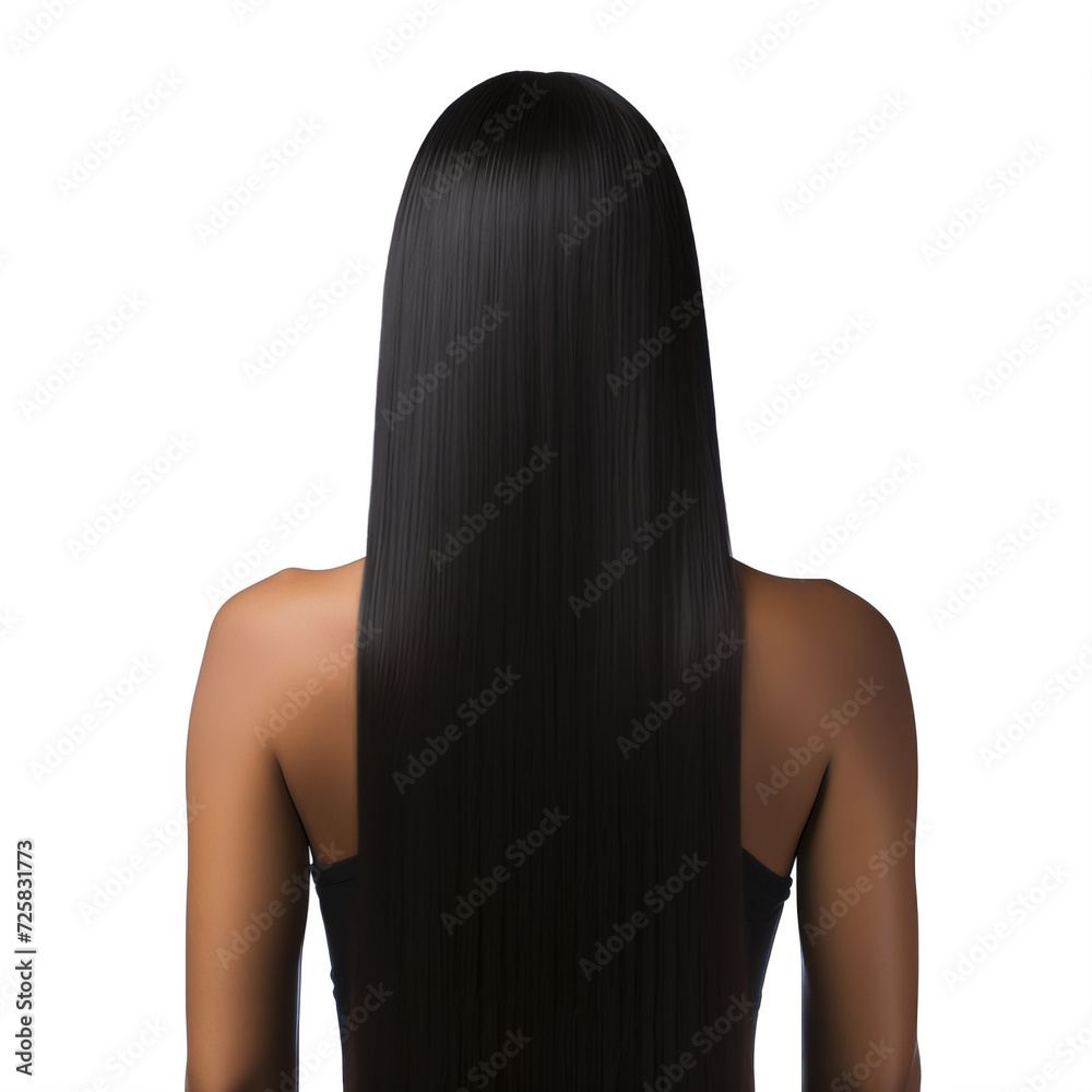 a black woman with straight black hair seen from the back on a transparent background png isolated