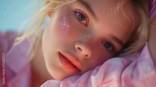 Capturing the allure of a blonde beauty in a horizontal closeup, adorned in pastel hues and natural makeup. © Z A C