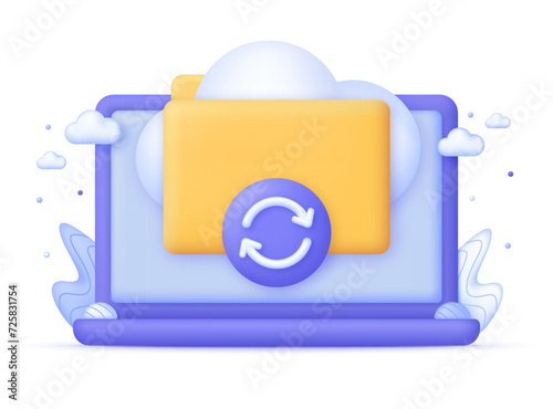 3D Cloud storage on Computer. Digital file organization service or app with data transferring. Synchronization Cloud