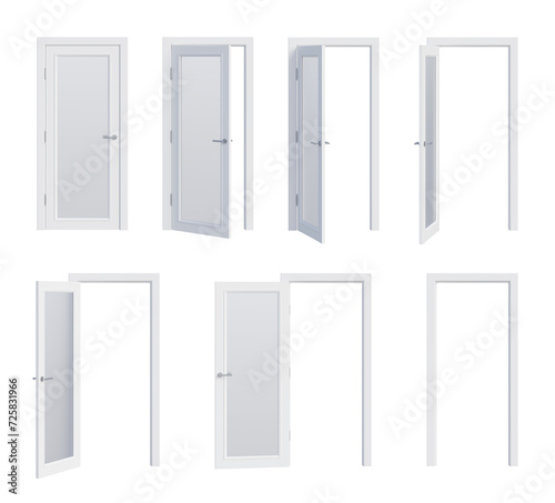 Fototapeta Naklejka Na Ścianę i Meble -  Set of six opening options of isolated white wooden modern classic doors with satin glass, silver handle, three silver hinges, and door frame. Front view. 3d rendering