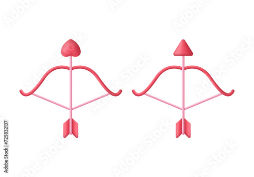 3D Set of Cupid's bow icons. A bow with an arrow and a heart. Valentine's day concept. Love icon