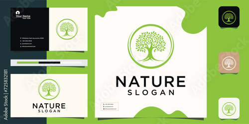 Illustration of a stylized green maple tree logo design icon with leaves, suitable for use with text. logo and business card design.