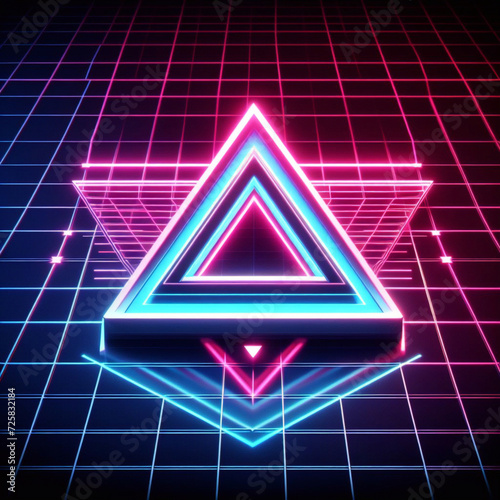 80s retro futuristic sci-fi background. Retrowave VJ videogame landscape with neon lights and low poly terrain grid. Stylized vintage cyberpunk vaporwave 3D render with mountains, sun and stars. 4K