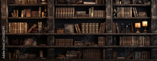 The wall full shelf of ancient books and manuscripts in library room vintage style. AI generated photo
