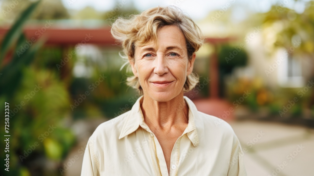 Joyful gardener woman, dressed in gardening clothes, looking at the camera with a diverse garden in the background. Joyful gardener woman, dressed in gardening clothes, looking at the camera with a diverse garden in the background.