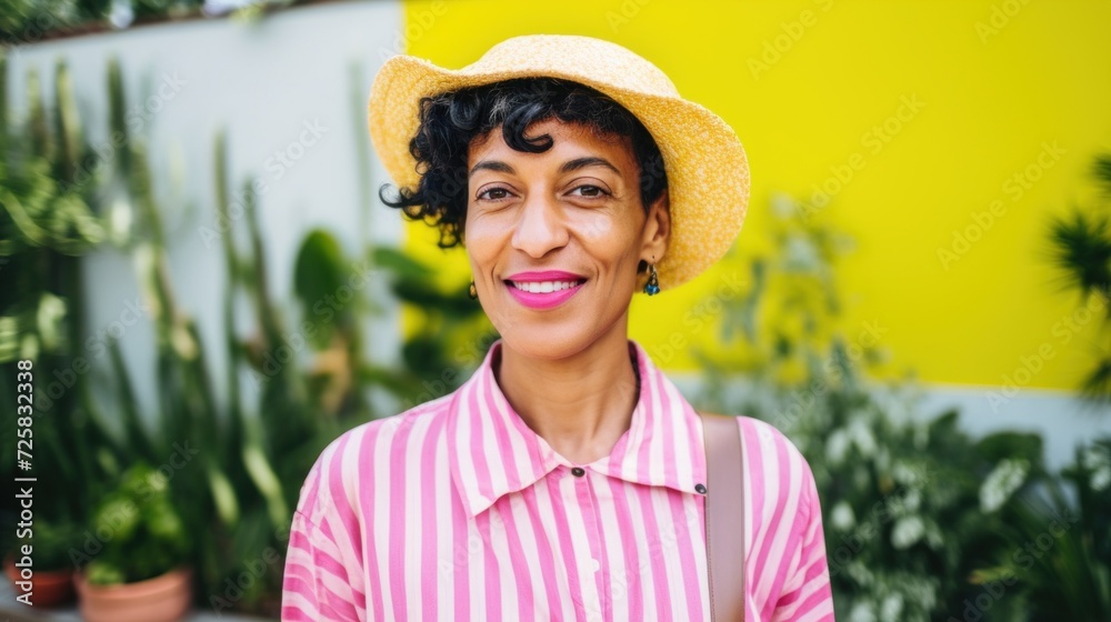Smiling woman in gardener attire, of different skin tone, posing with joy in front of a garden. Smiling woman in gardener attire, of different skin tone, posing with joy in front of a garden.