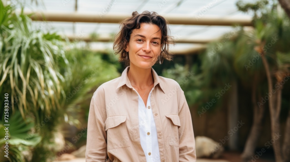 Diverse female gardener, donned in gardening clothes, happily gazing at the camera against a garden background. Diverse female gardener, donned in gardening clothes, happily gazing at the camera against a garden background.