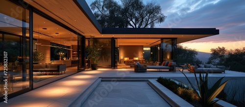 Luxury design of Illuminated patio of modern house at evening scene. AI generated image