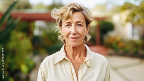 Fototapeta Naklejka Na Ścianę i Meble -  Joyful gardener woman, dressed in gardening clothes, looking at the camera with a diverse garden in the background.