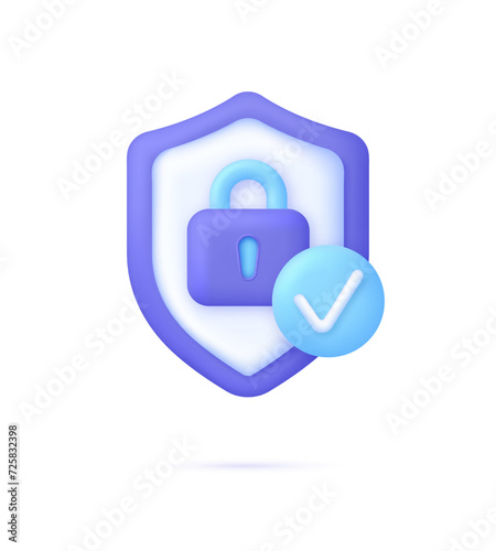 3D Padlock security icon. Shield with padlock symbol. Cyber security to Protect Personal Data. Padlock icon