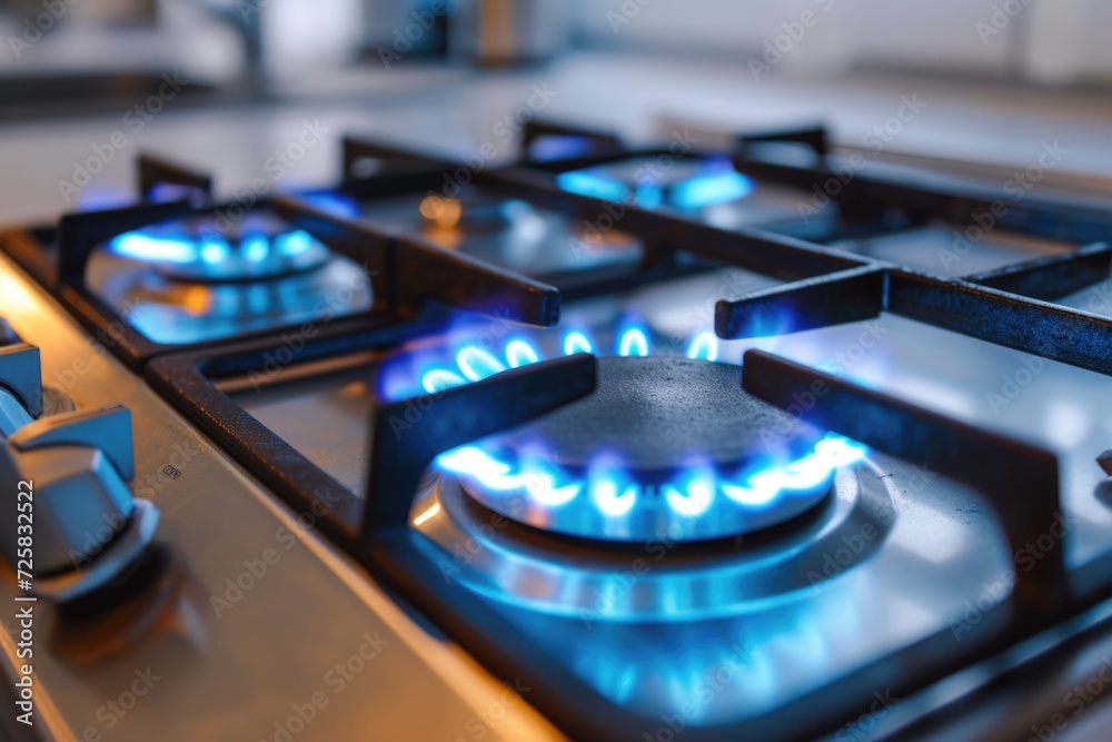 A detailed close-up view of a gas stove with vibrant blue flames. Perfect for illustrating concepts related to cooking, kitchen appliances, energy, and home A detailed close-up view of a gas stove with vibrant blue flames. Perfect for illustrating concepts related to cooking, kitchen appliances, energy, and home