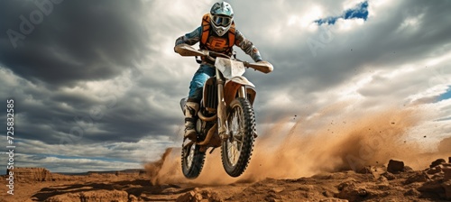 Motocross rider riding a motorbike jumping at sunset with dramatic view of dirt track. AI generated © MUCHIB