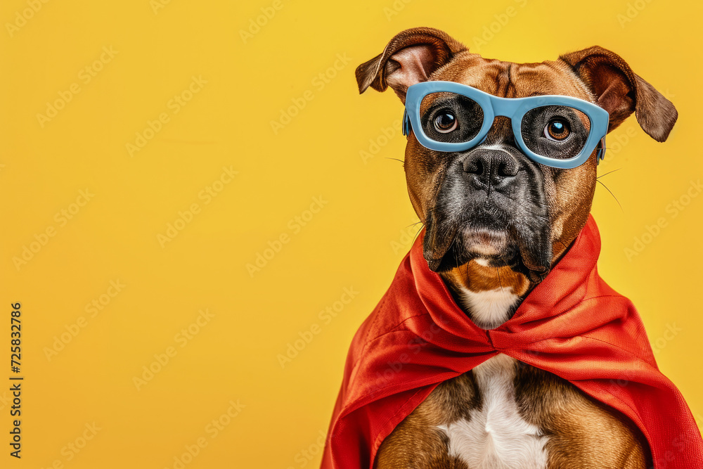 Dog wearing superhero costume on yellow background with copy space