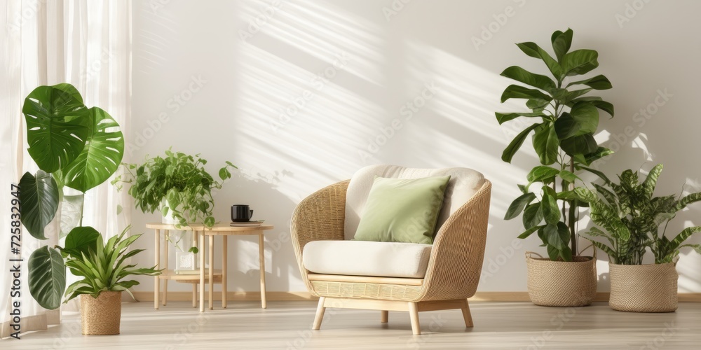 Light living room with green houseplants and furniture