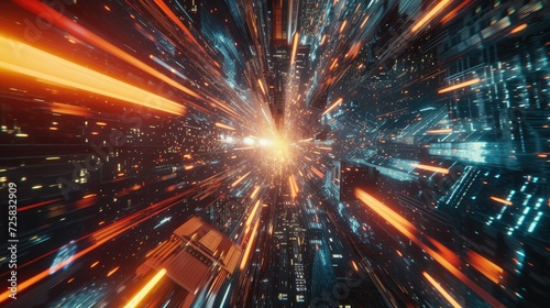 countless energy-filled rays of light converge towards the center with rapid speed and immense impact against a futuristic cyberpunk-style cityscape