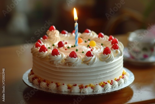 A birthday cake with a lit candle on top. Perfect for celebrating birthdays and special occasions