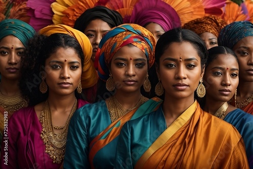 A vibrant and diverse group of women, each representing a different culture and background, celebration of International Women's Day. 