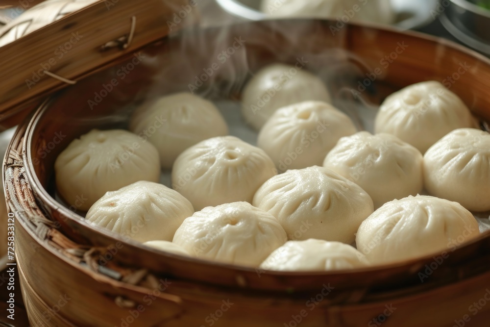 A wooden basket filled with dumplings sitting on top of a table. Perfect for food lovers or restaurant menus A wooden basket filled with dumplings sitting on top of a table. Perfect for food lovers or restaurant menus
