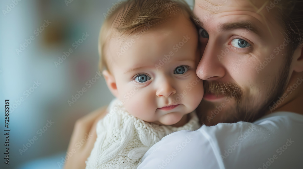happy father holding a newborn baby in his arms, handsome smiling man, parent, family, infant, kid, child, son, daughter, love, hugs, room, tenderness, father's day happy father holding a newborn baby in his arms, handsome smiling man, parent, family, infant, kid, child, son, daughter, love, hugs, room, tenderness, father's day