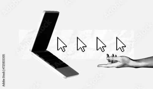 Trendy Halftone Collage Laptop with Pixel Mouse Cursor and Hand. Points to target. Business development. Click on link. Web design. Online registration. Modern illustration. Vector contemporary art