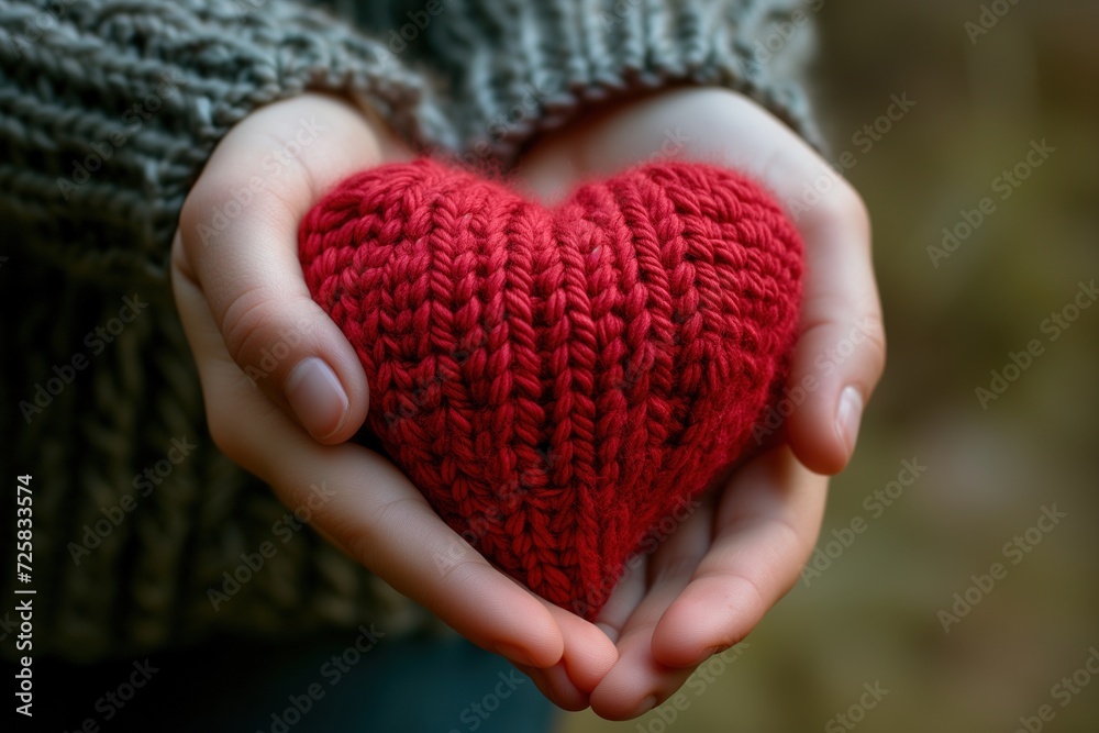 The girl gives a knitted red heart. Valentine's day. Love The girl gives a knitted red heart. Valentine's day. Love