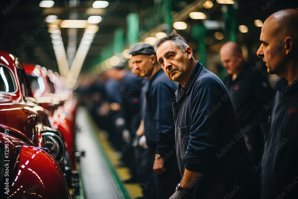 Workers standing on working line in the car factory before they start to work Workers standing on working line in the car factory before they start to work