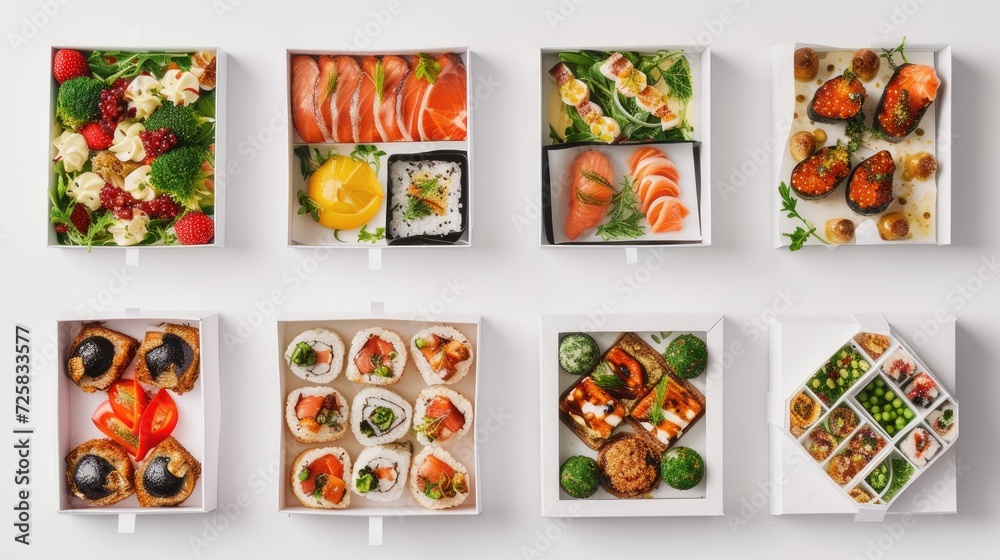 food gift boxes set against a pristine white background, captured from an overhead perspective to showcase the variety and elegance of the contents