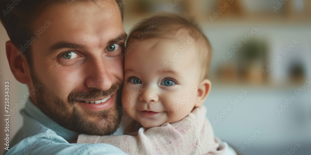 happy father holding a newborn baby in his arms, handsome smiling man, parent, family, infant, kid, child, son, daughter, love, hugs, room, tenderness, father's day happy father holding a newborn baby in his arms, handsome smiling man, parent, family, infant, kid, child, son, daughter, love, hugs, room, tenderness, father's day