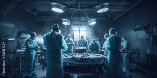 Dramatic view medical team on surgical operation in hospital operating room. AI generated image