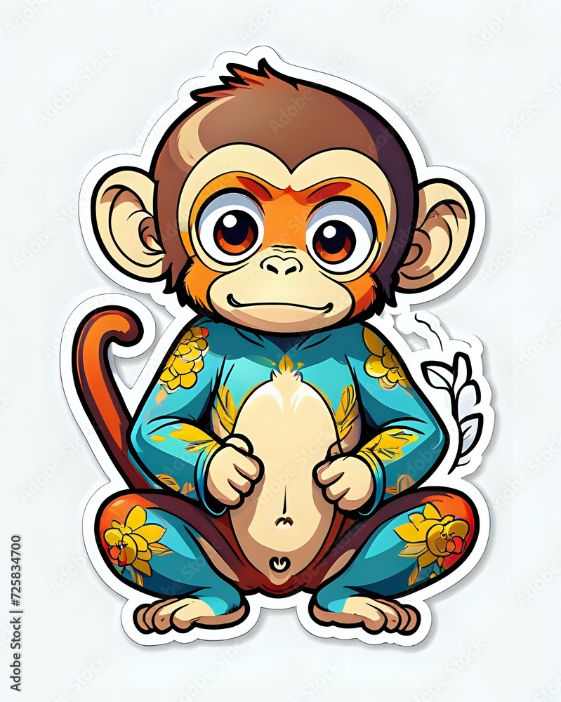 Obraz premium Illustration of a cute Monkey sticker with vibrant colors and a playful expression