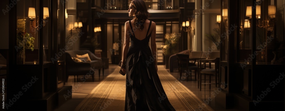 Beautiful woman walking on luxury lounge hotel at evening. AI generated image - obrazy, fototapety, plakaty 