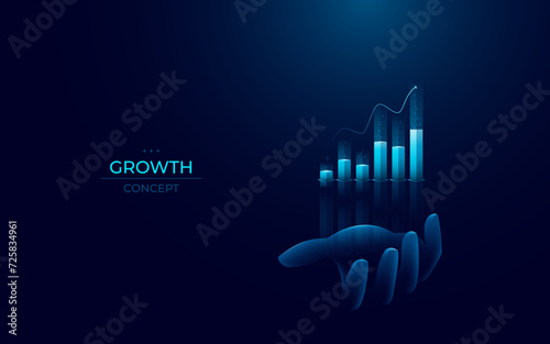 Abstract grow graph chart on a hand palm. Businessman holding stock market chart bar hologram. Finance growth with arrow up concept. Light bright blue futuristic style. Digital vector illustration.