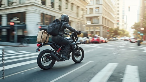 motorcycle delivery with a detailed shot of a delivery rider's backpack specifically designed for transporting goods, demonstrating its practicality in urban settings.