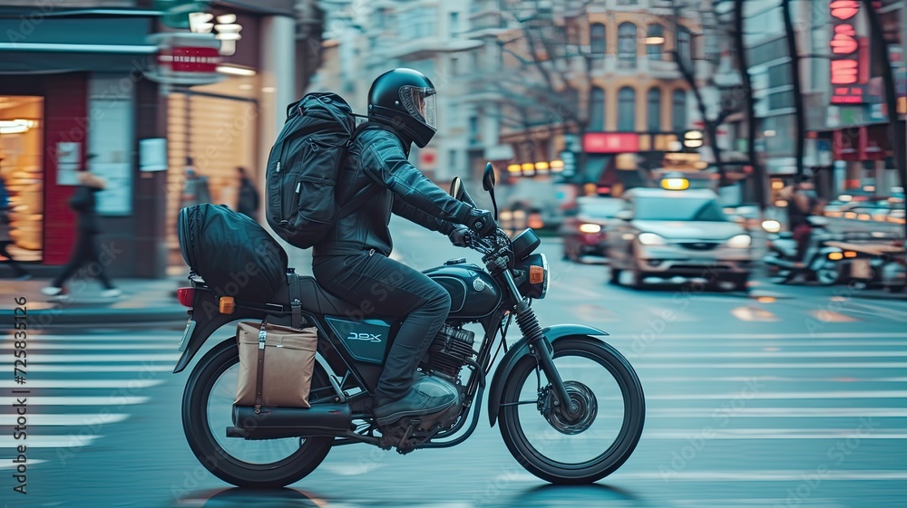 motorcycle delivery with a detailed shot of a delivery rider's backpack specifically designed for transporting goods, demonstrating its practicality in urban settings. motorcycle delivery with a detailed shot of a delivery rider's backpack specifically designed for transporting goods, demonstrating its practicality in urban settings.