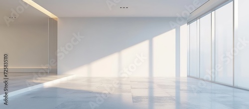 Empty white interior design space room modern with hidden warm light. AI generated image