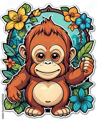 Illustration of a cute Orangutan sticker with vibrant colors and a playful expression photo