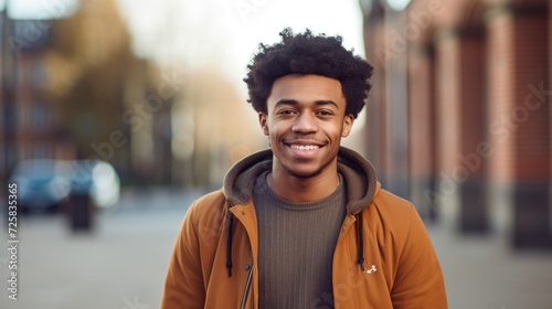 Diverse lifestyle captured in a relaxed outdoor portrait of a smiling male student.