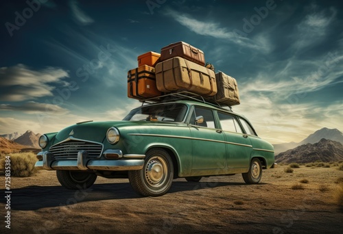 The enchanting illustration captures the essence of a family road trip, showcasing a vintage car adorned with luggage, evoking a sense of wanderlust and togetherness.