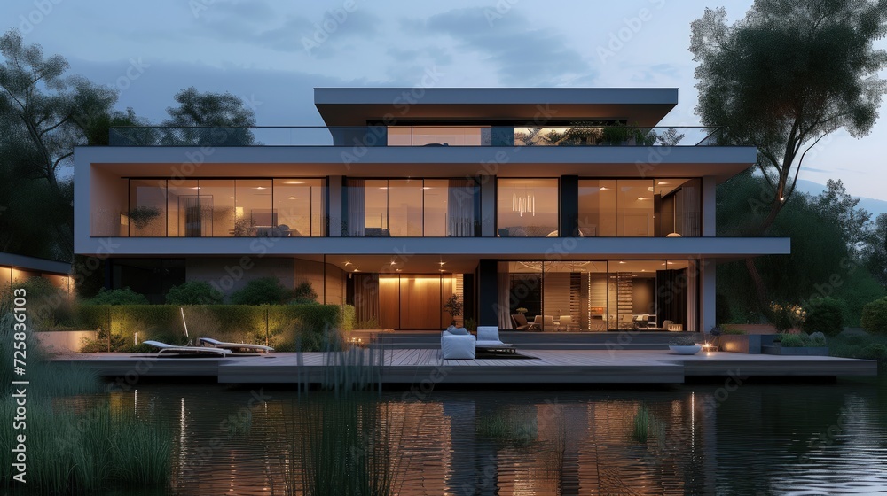 Modern luxury minimalist house by the river at evening with warm light scene. AI generated image