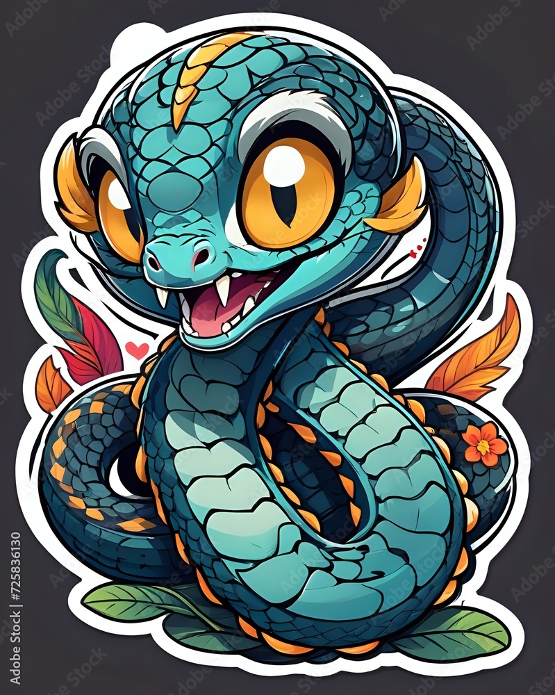 Obraz premium Illustration of a cute Cobra sticker with vibrant colors and a playful expression