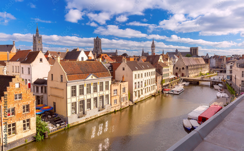 Aerial view of quay Graslei, Leie river and towers of Old Town, Ghent, Belgium