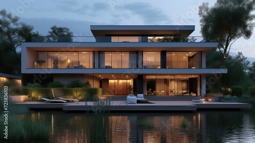Modern luxury minimalist house by the river at evening with warm light scene. AI generated image © MUCHIB