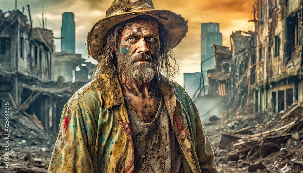 An older man with a grizzled beard and sorrowful eyes, clothed in dirty, paint-spattered garments, stands before the fiery ruins of a city, an epitome of lost civilization.