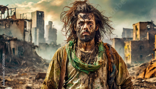 A rugged man with wild hair and a muddied, paint-streaked face looks onward, his green scarf and weathered clothing blending with the chaotic remnants of the urban wasteland behind him.