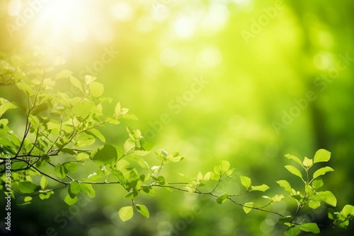 Scenic blurred springtime panorama of lush green leaves and sparkling bokeh against a natural backdrop. Generative AI