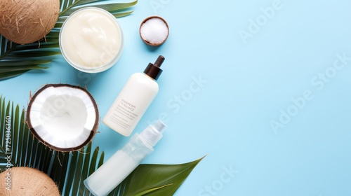 four bottles of skin products are sitting on a blue background, in the style of tropical landscapes