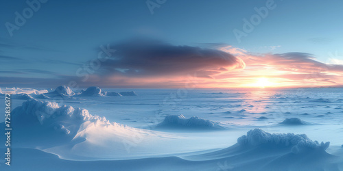 cold dawn over snowy arctic landscape with hummocks